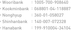 Wooribank: 1005-700-908640, Kookminbank : 068801-04-118887, Nonghyup : 360-01-058027, Shinhanbank : 140-007-072328, Hanabank : 199-910004-34104